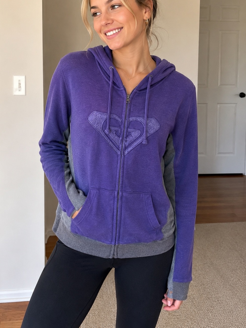 Roxy Purple Full Zip Hoodie Women’s Small Gray Colorblock Logo Sweatshirt XL